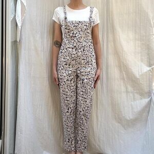 White and Purple Floral Overalls with Tie Straps Organic Cotton Adjustable Ties